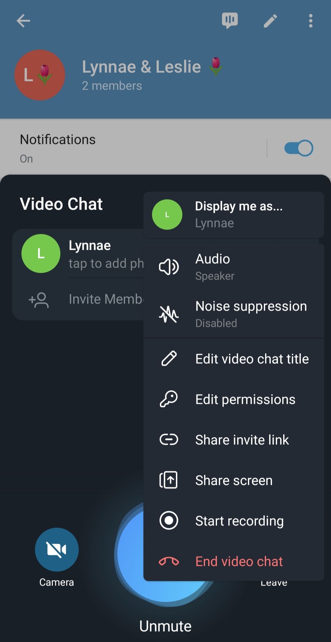 Telegram video chat menu with the noise suppression option 