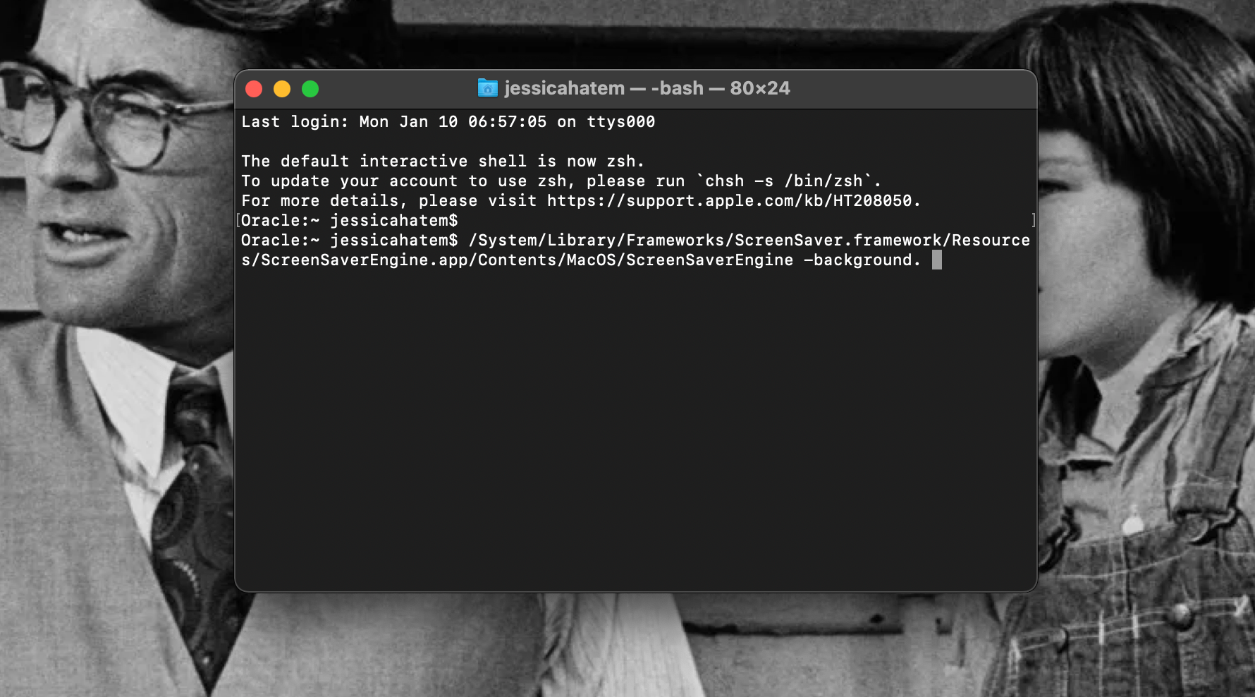 Terminal with screen saver command typed out open on a Mac