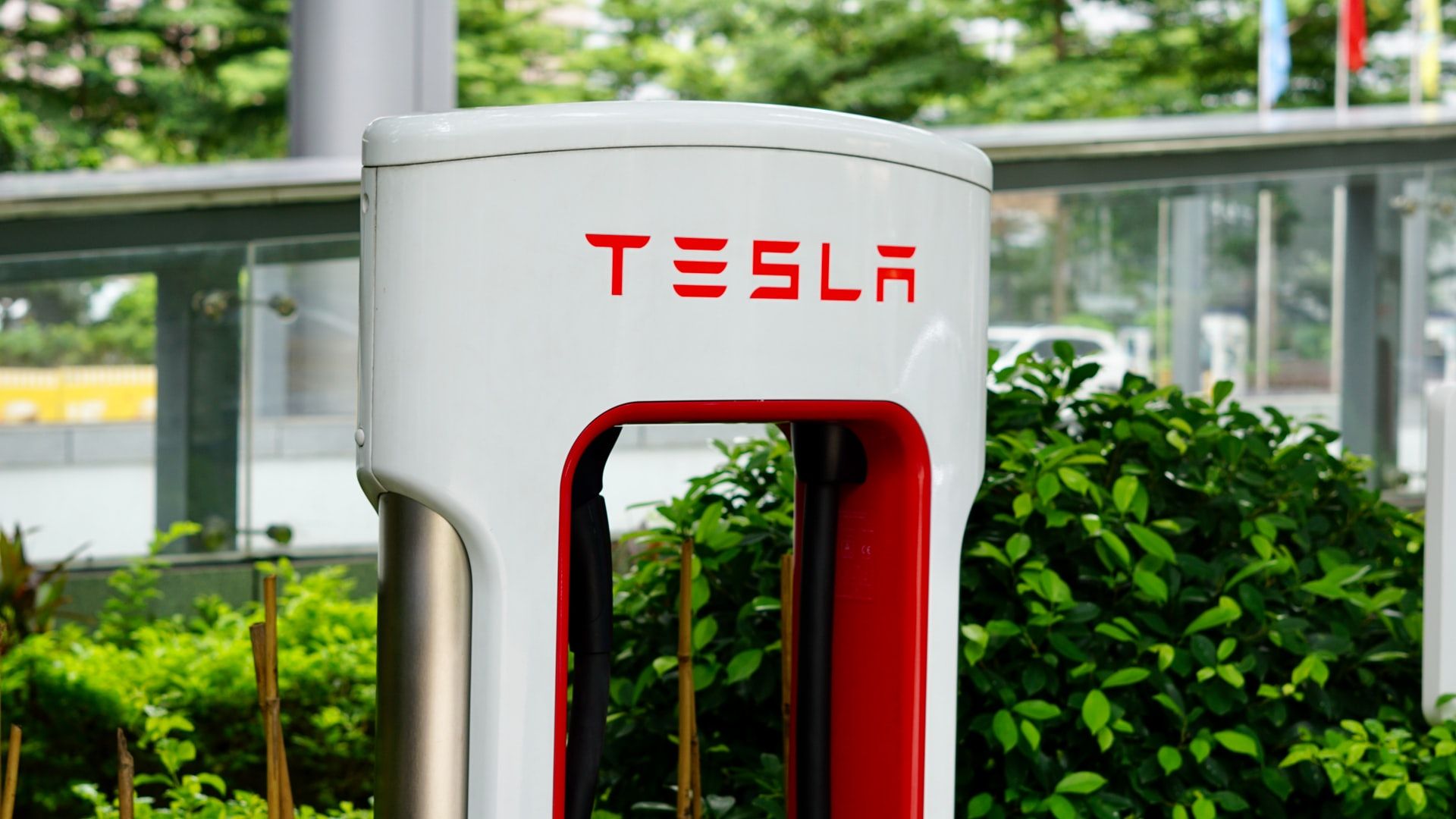red and white tesla supercharger near bushes 