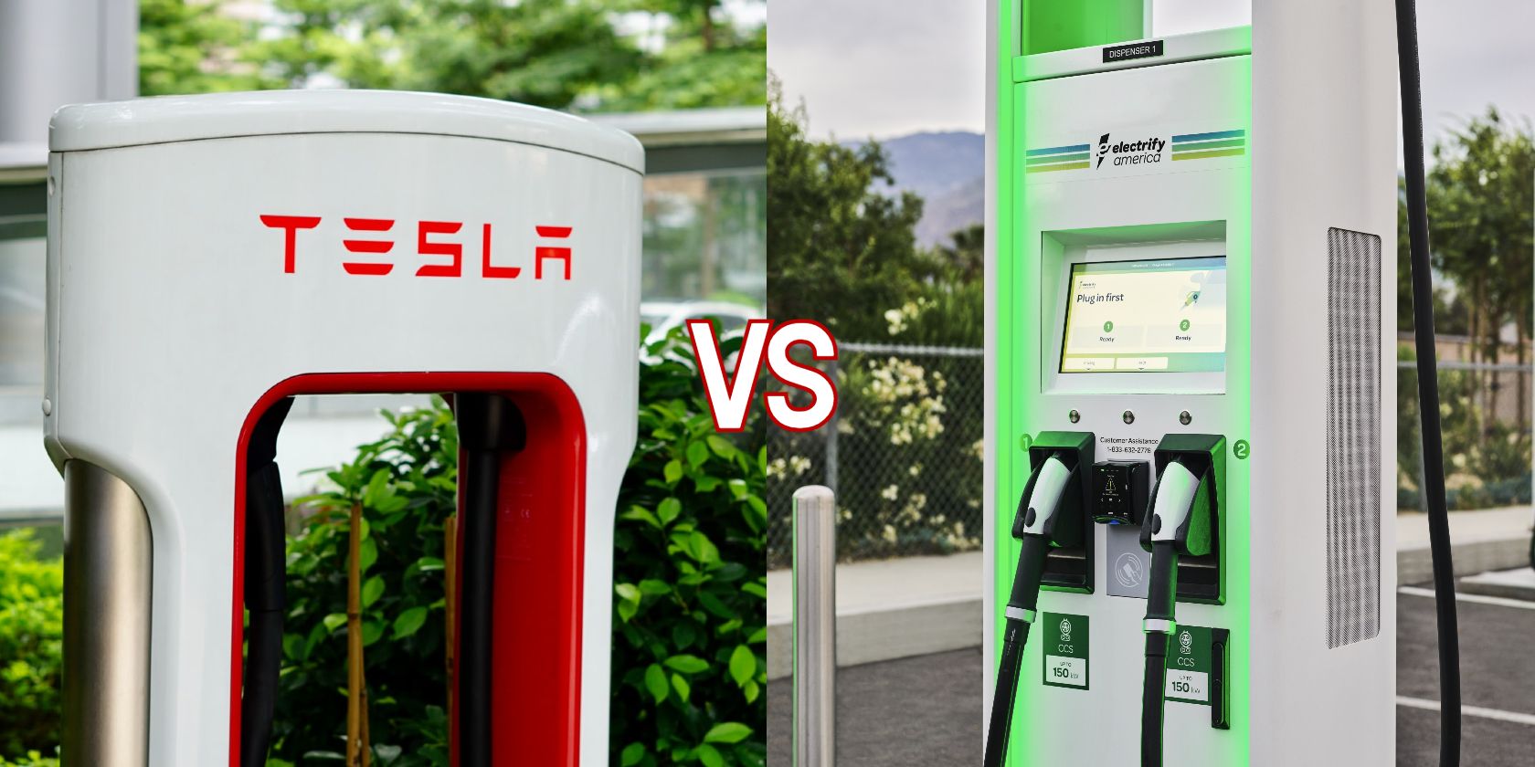 Tesla and Electrify America charging stations side by side