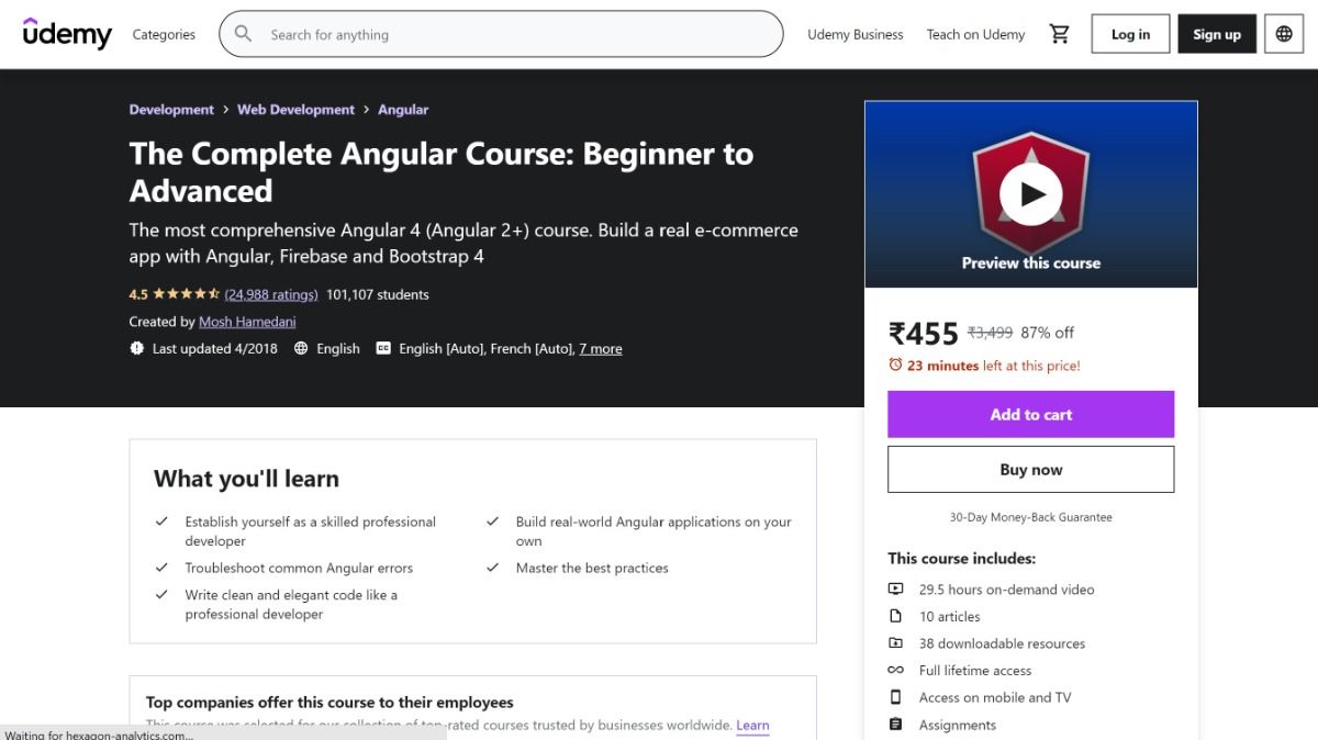 The Complete Angular Course - Beginner to Advanced course interface
