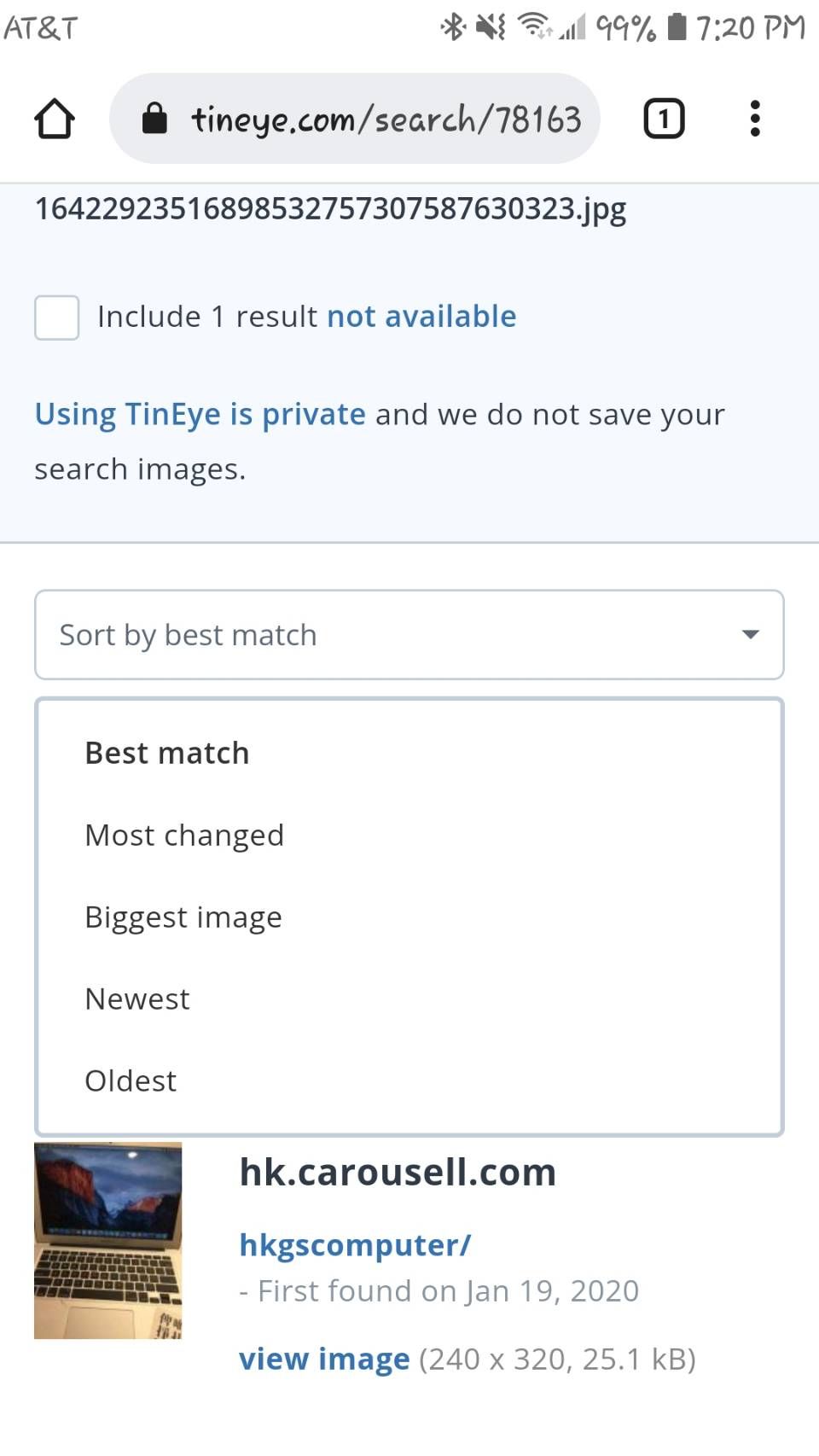 Tineye search result sort options