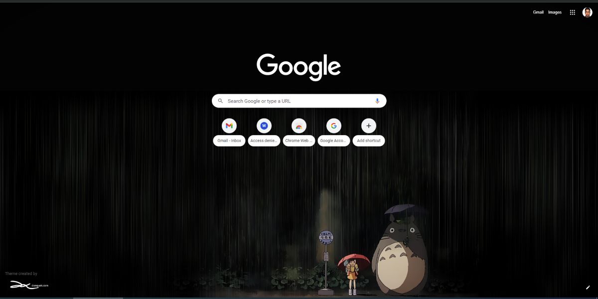A glimpse of the Totoro Rainy Day Chrome theme