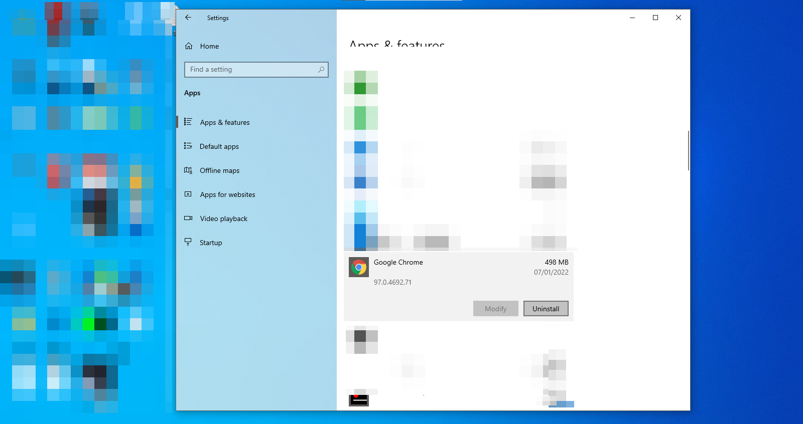 Uninstalling Chrome in Windows 10