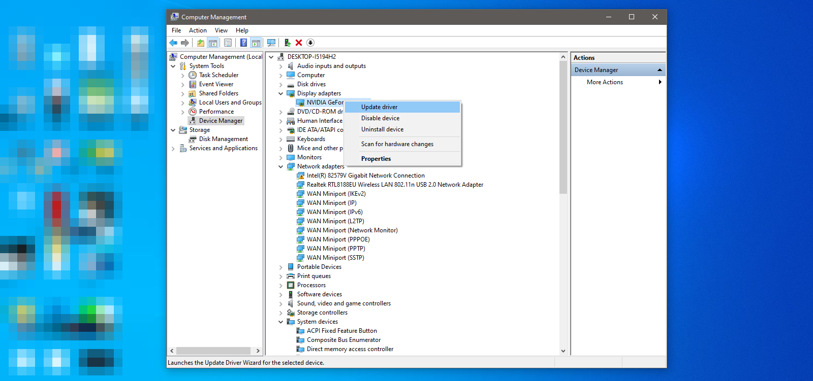 Updating Display Driver in Device Manager Settings in Computer Management Settings in Windows 10