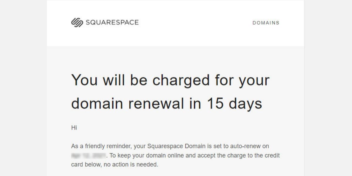 A visual of an email showing how domain registrars will remind you about expiration