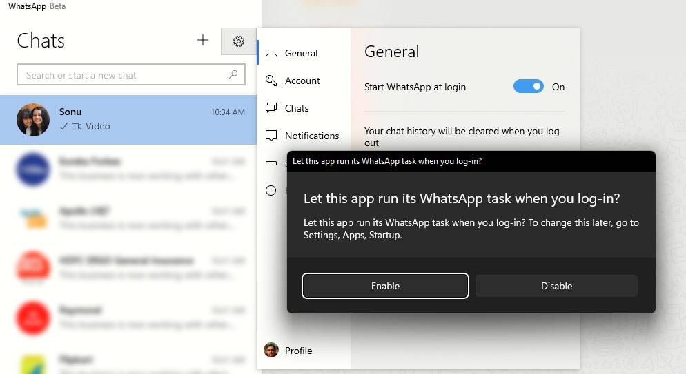 WhatsApp Beta Option to Startup at Login