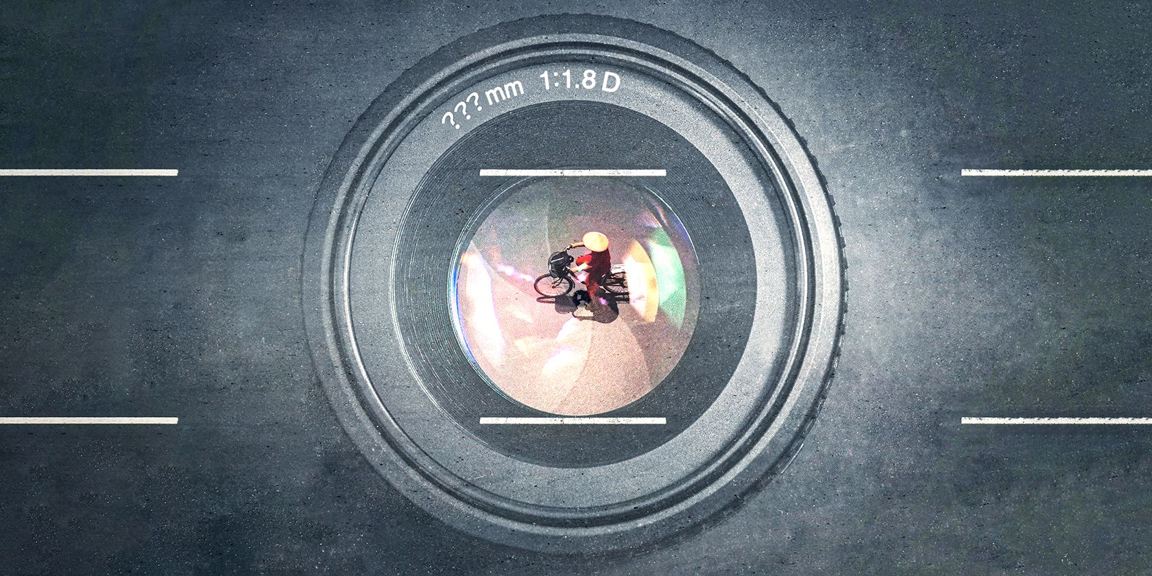 Composite of bicyclist and camera lens