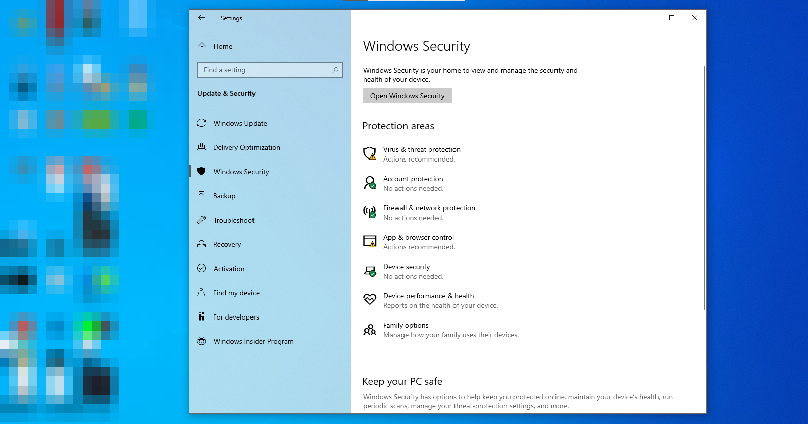 Windows Security Settings in Windows Settings App