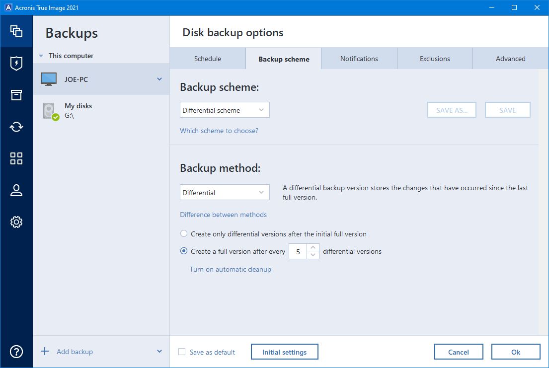 acronis differential backup scheme