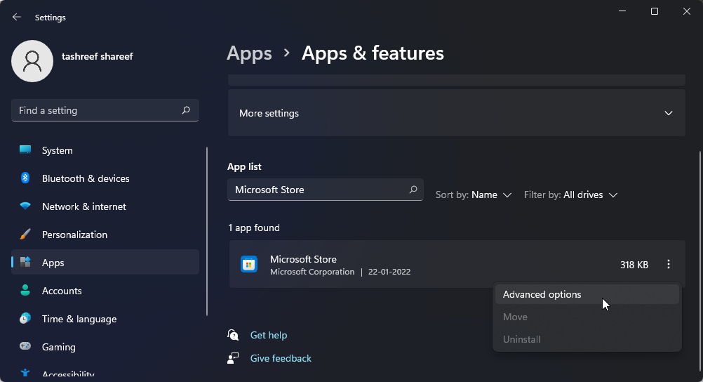 advanced options Microsoft Store