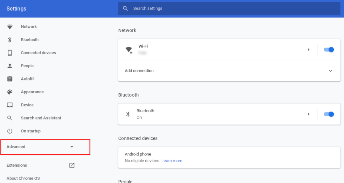 advanced settings option on Chrome OS