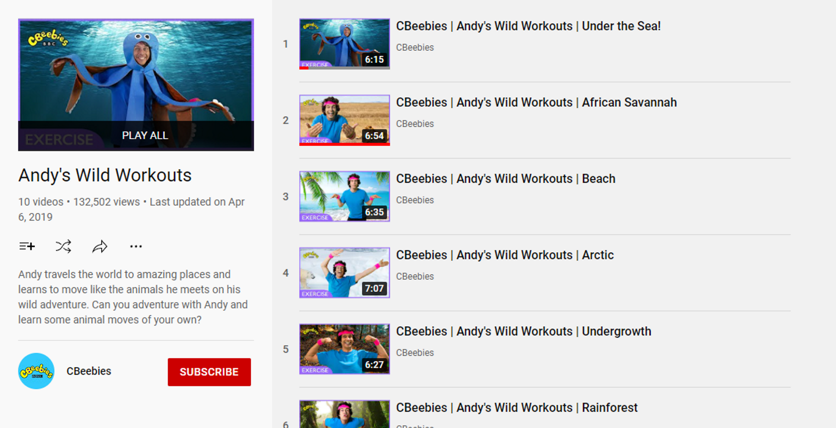 Andy's Wild Workouts YouTube playlist