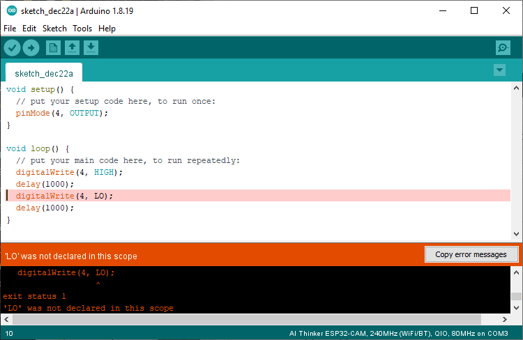 Arduino IDE showing a compilation error
