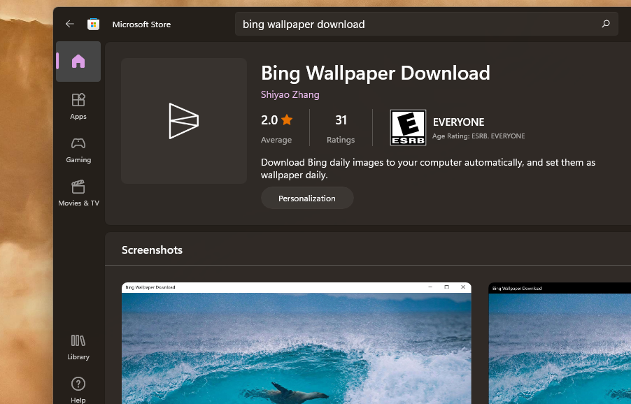 The Bing Wallpaper Download app's MS Store page