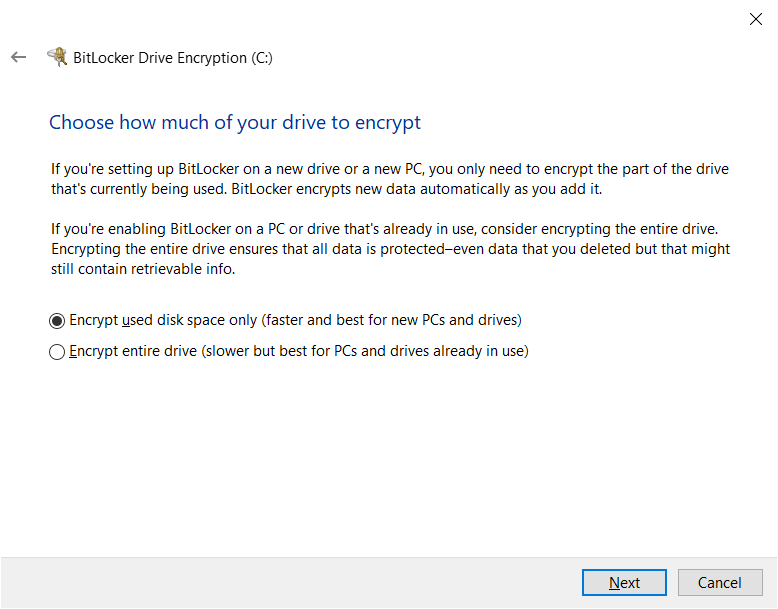 choosing how much drive space to encrypt with windows bitlocker