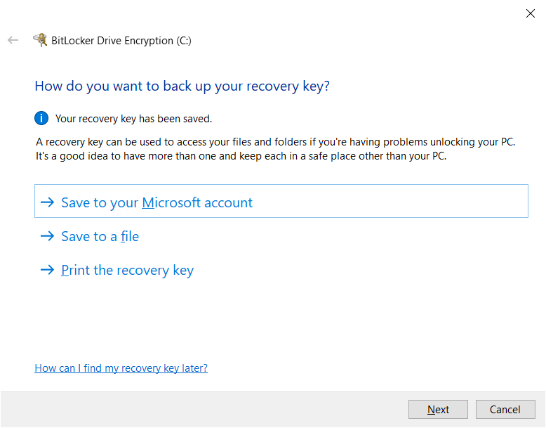 saving recovery key with windows bitlocker
