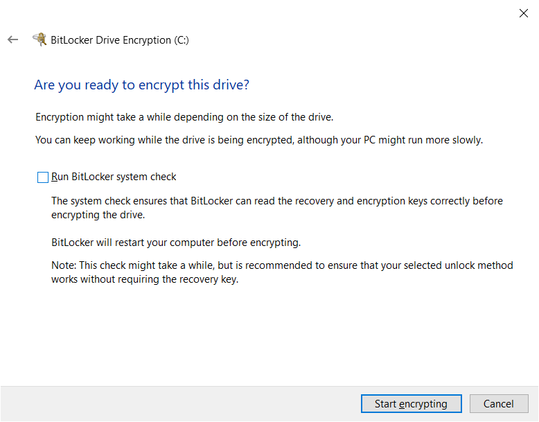starting the encryption process with windows bitlocker