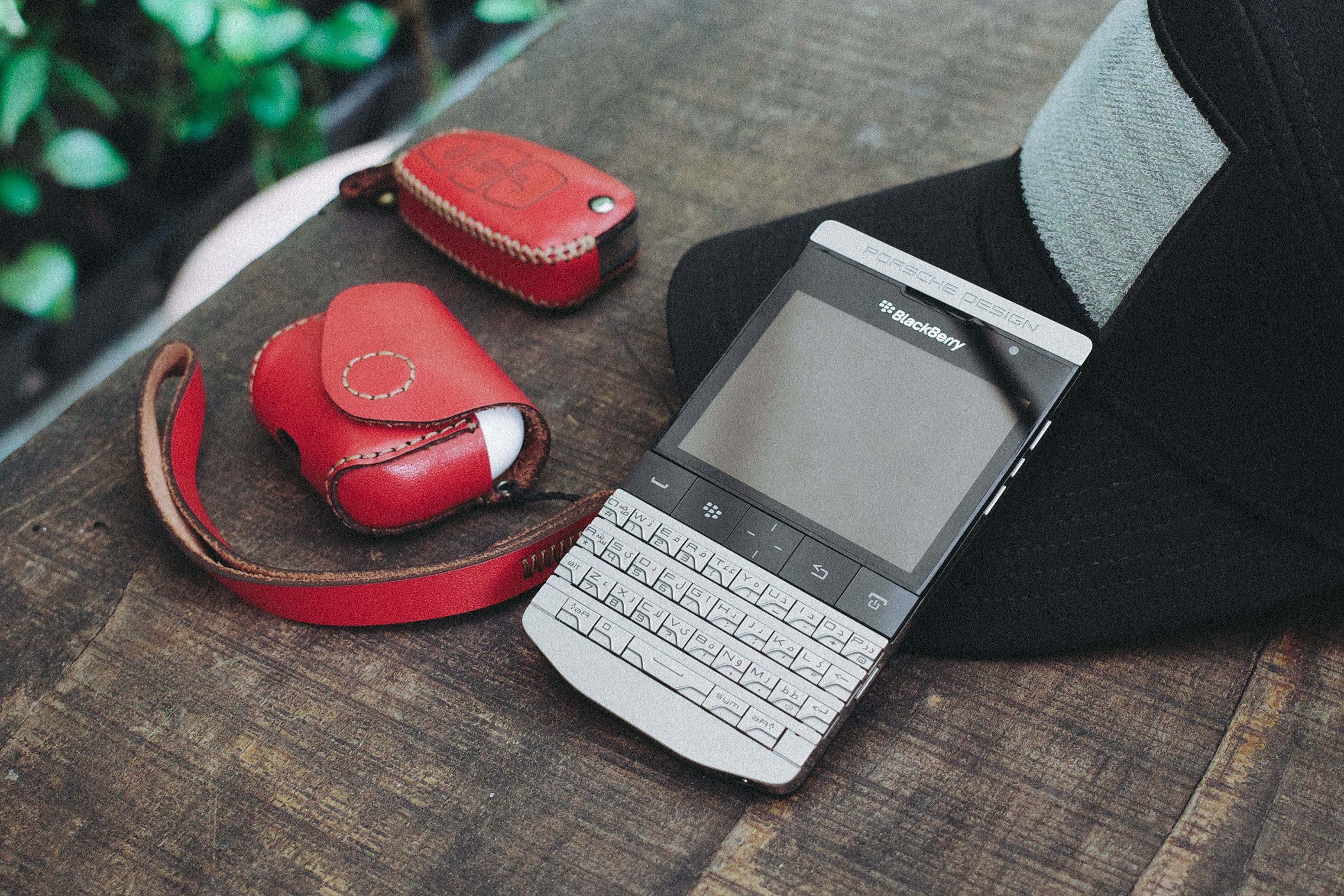 A BlackBerry phone and accessories.