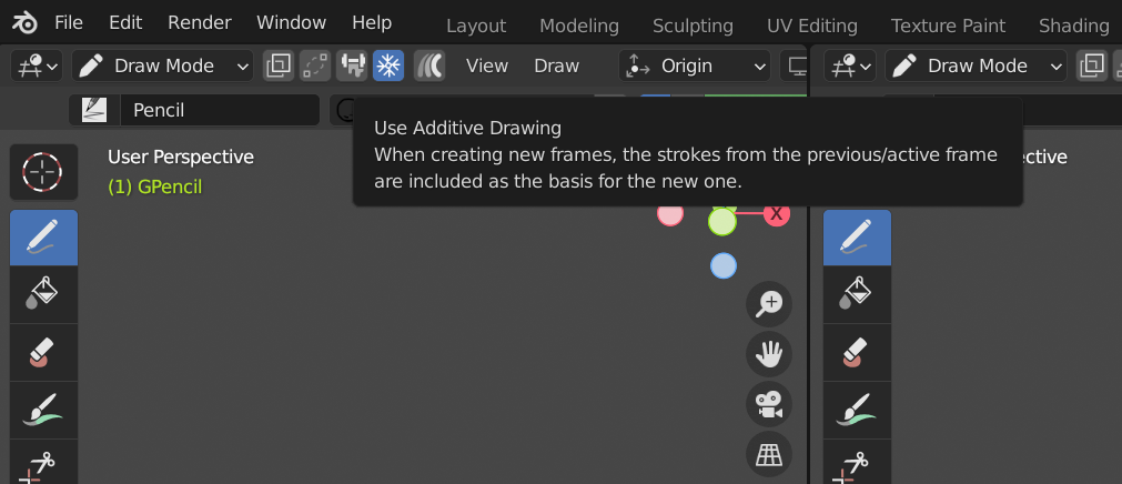 Enabling Additive Drawing in Blender Draw Mode.