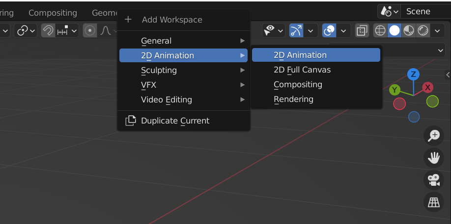 The 2D Animation workspace in Blender.