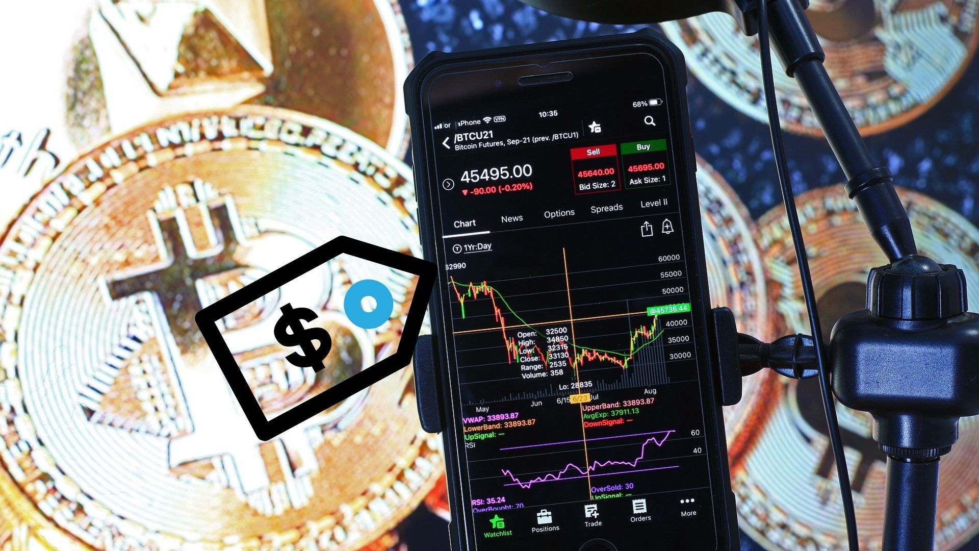 crypto exchange on phone in front of screen