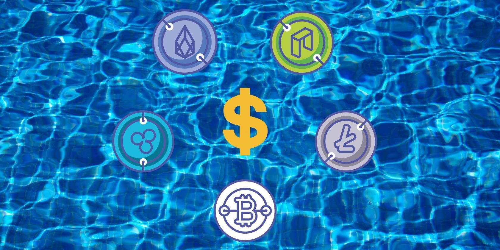 logotipos de moedas criptográficas em uma piscina 
