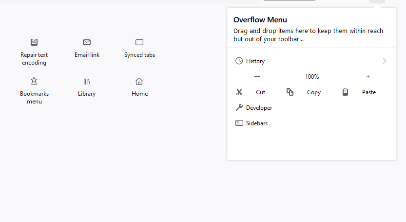 Screenshot of Customize Firefox page Overflow menu