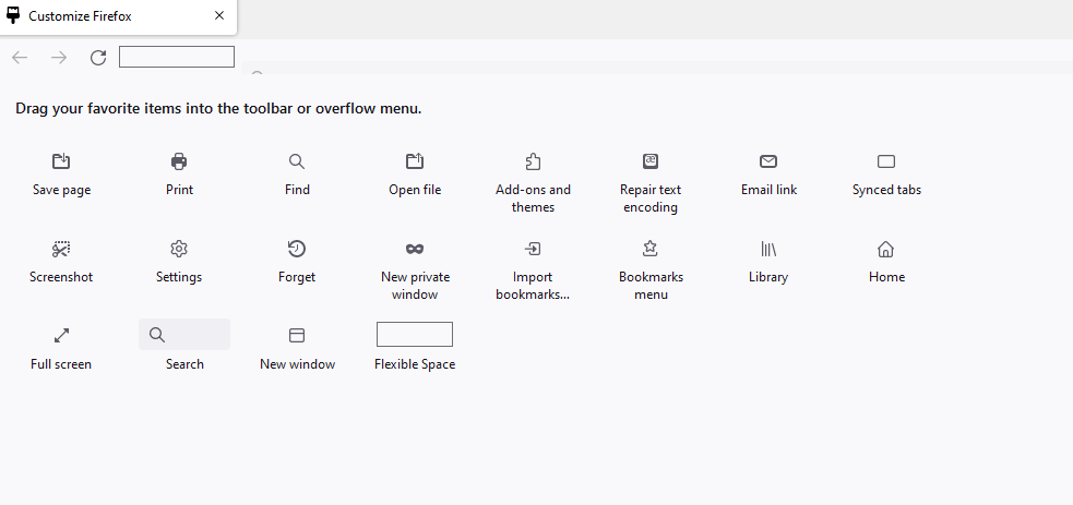 Firefox customize toolbar screenshot