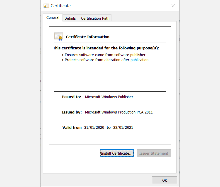 Digital certificate issued by Microsoft