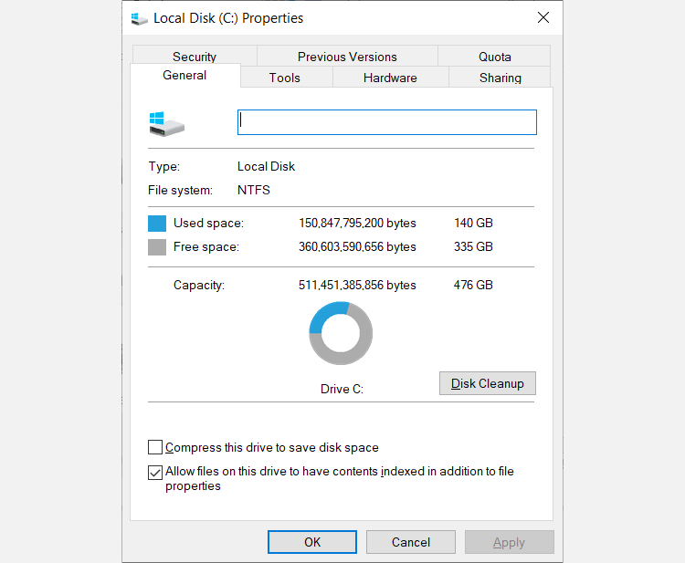 disk cleanup properties in windows 10