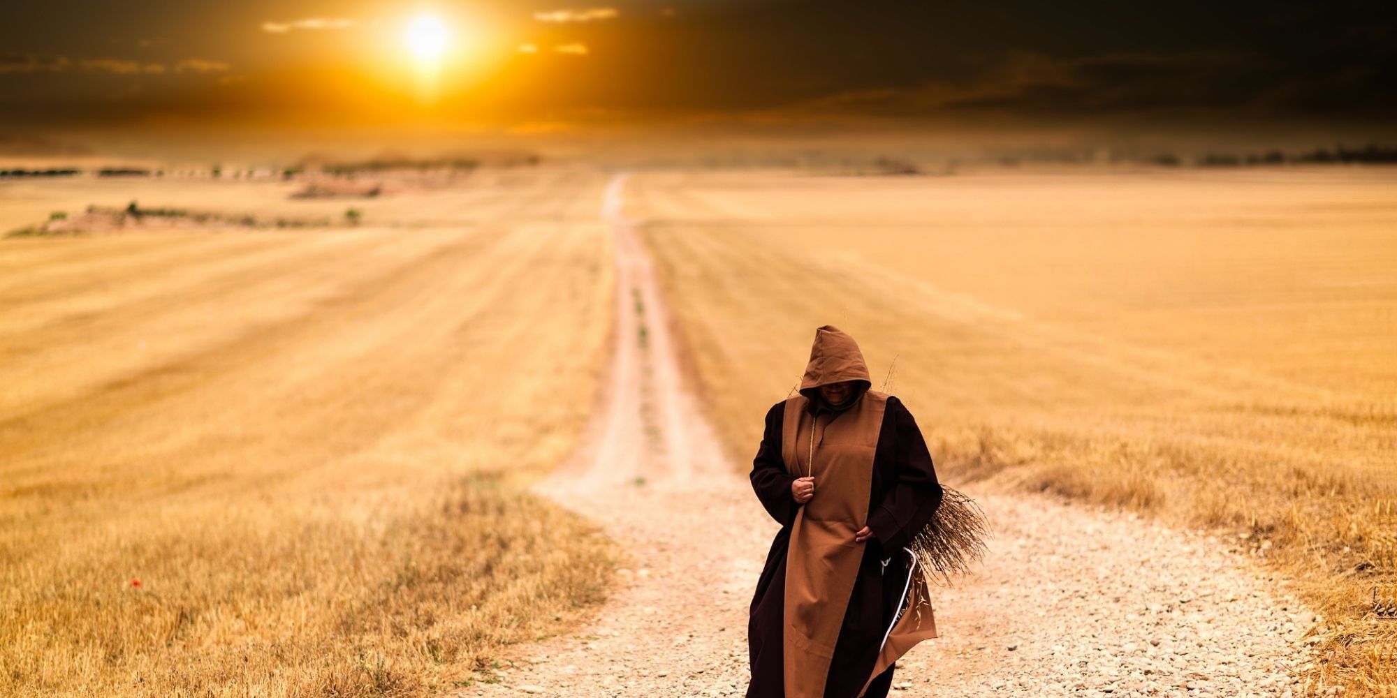 A monk walking through a field at sunset. 