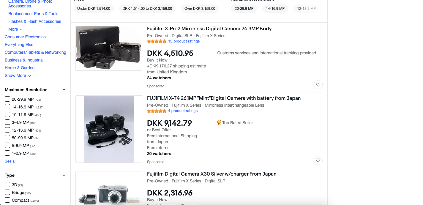 Screenshot showing photography gear on eBay