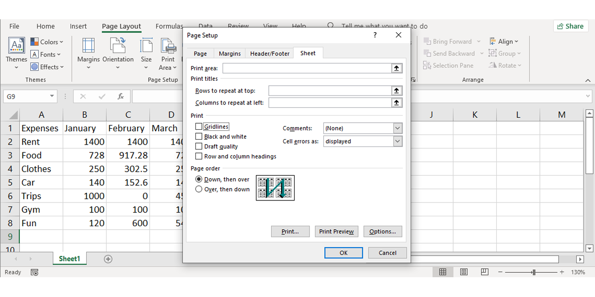 Page Setup menu in Excel.