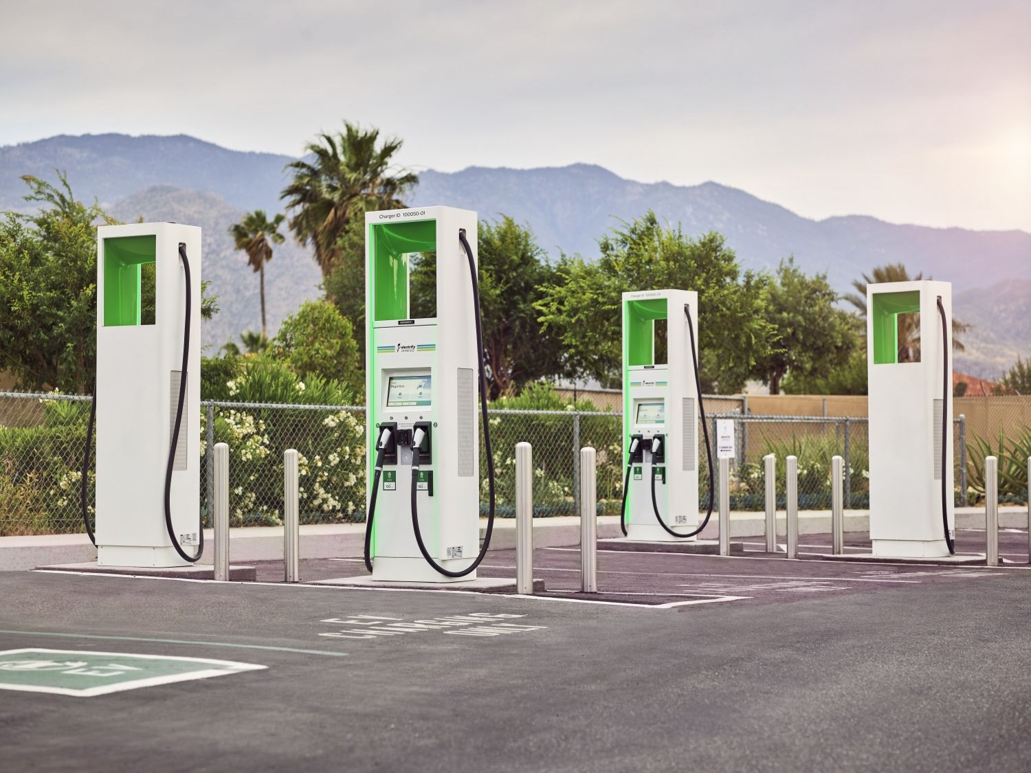electrify america chargers in front of desert hills