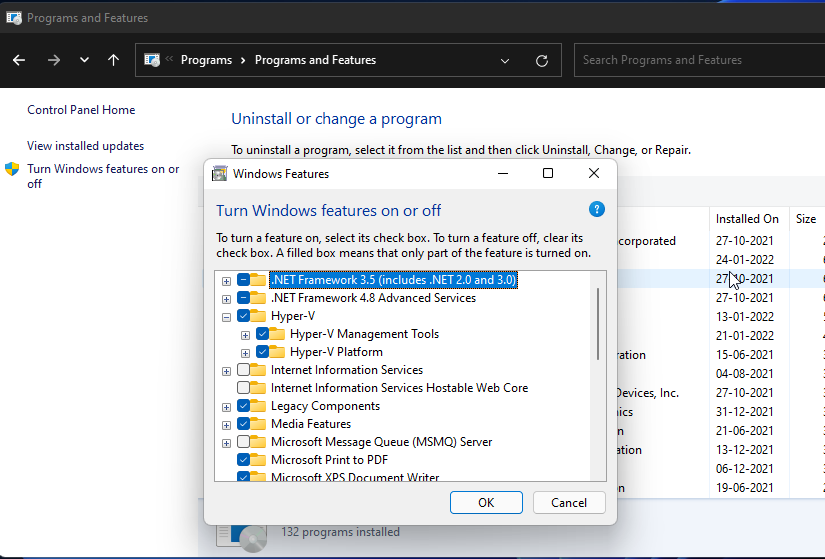 enable hyper v windows features control panel