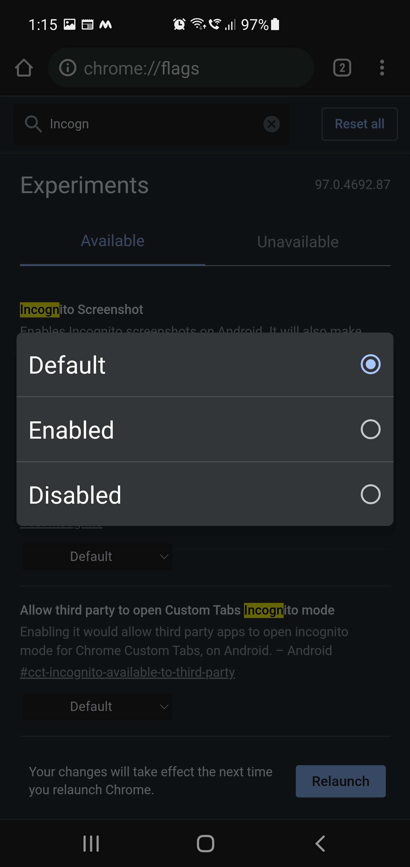 enable incognito screenshot android