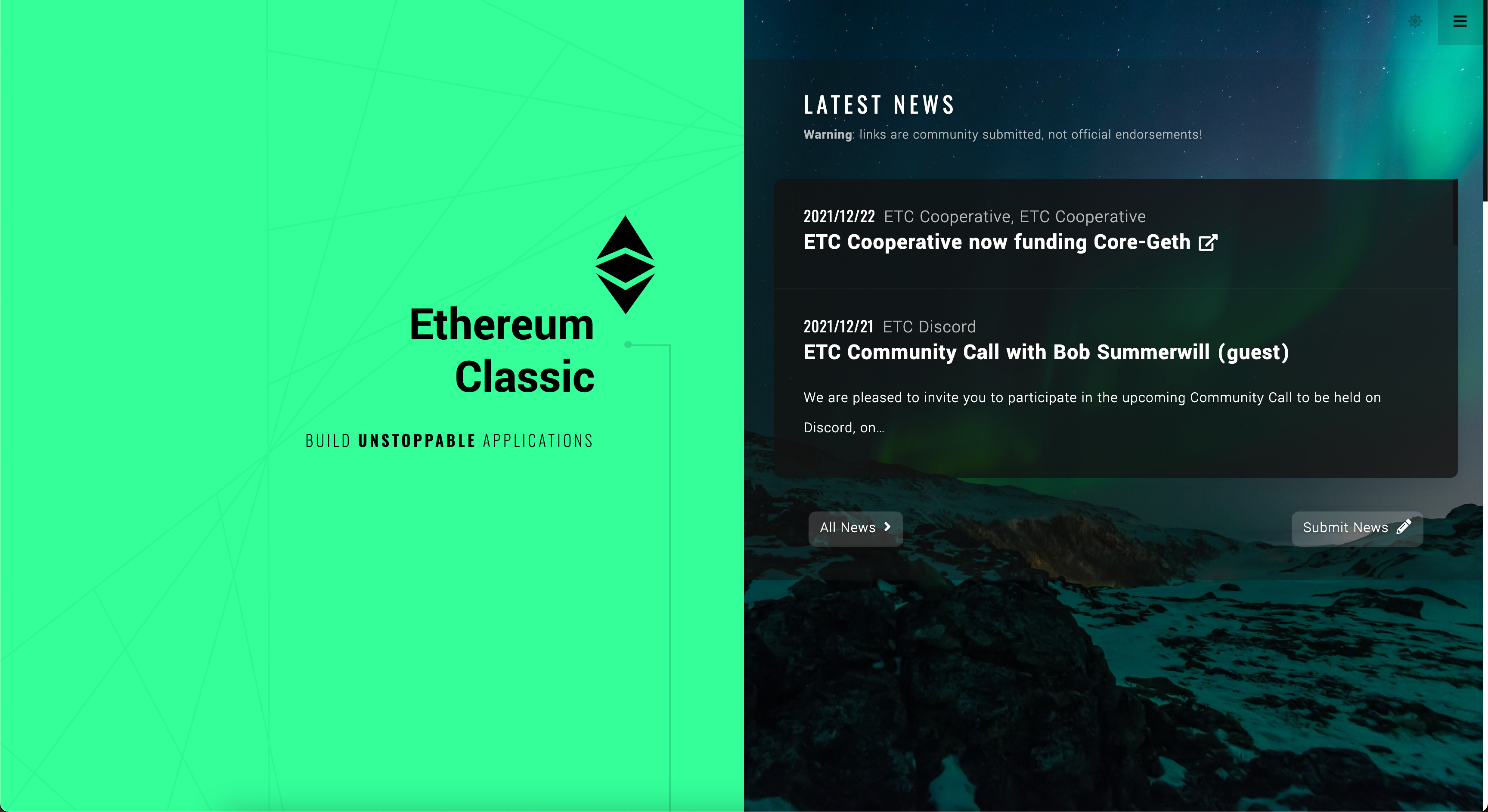 Screenshot of Ethereum Classic's home page