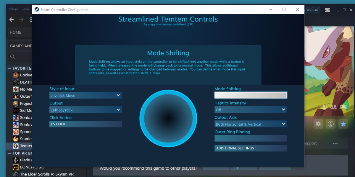 example of options available within steam controller configurator