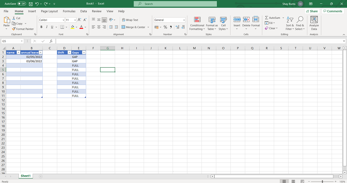 Screenshot of Excel Formula Between Two Tables