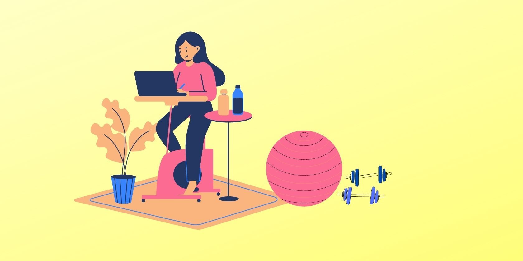 Illustration of Person Sat On Exercise Bike Desk With Dumbbells and Exercise Ball Next to Them