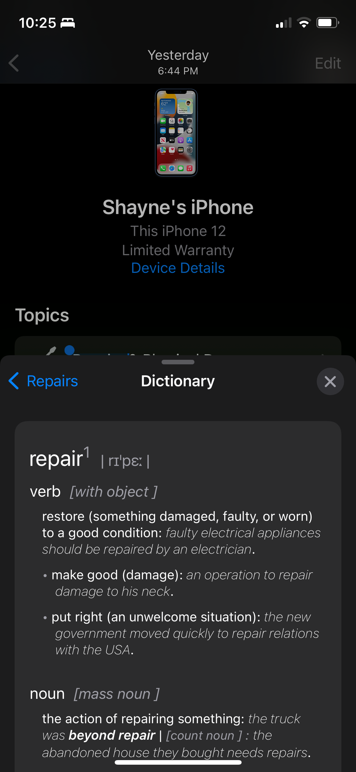 expanded definition of a word from iPhone's dictionary