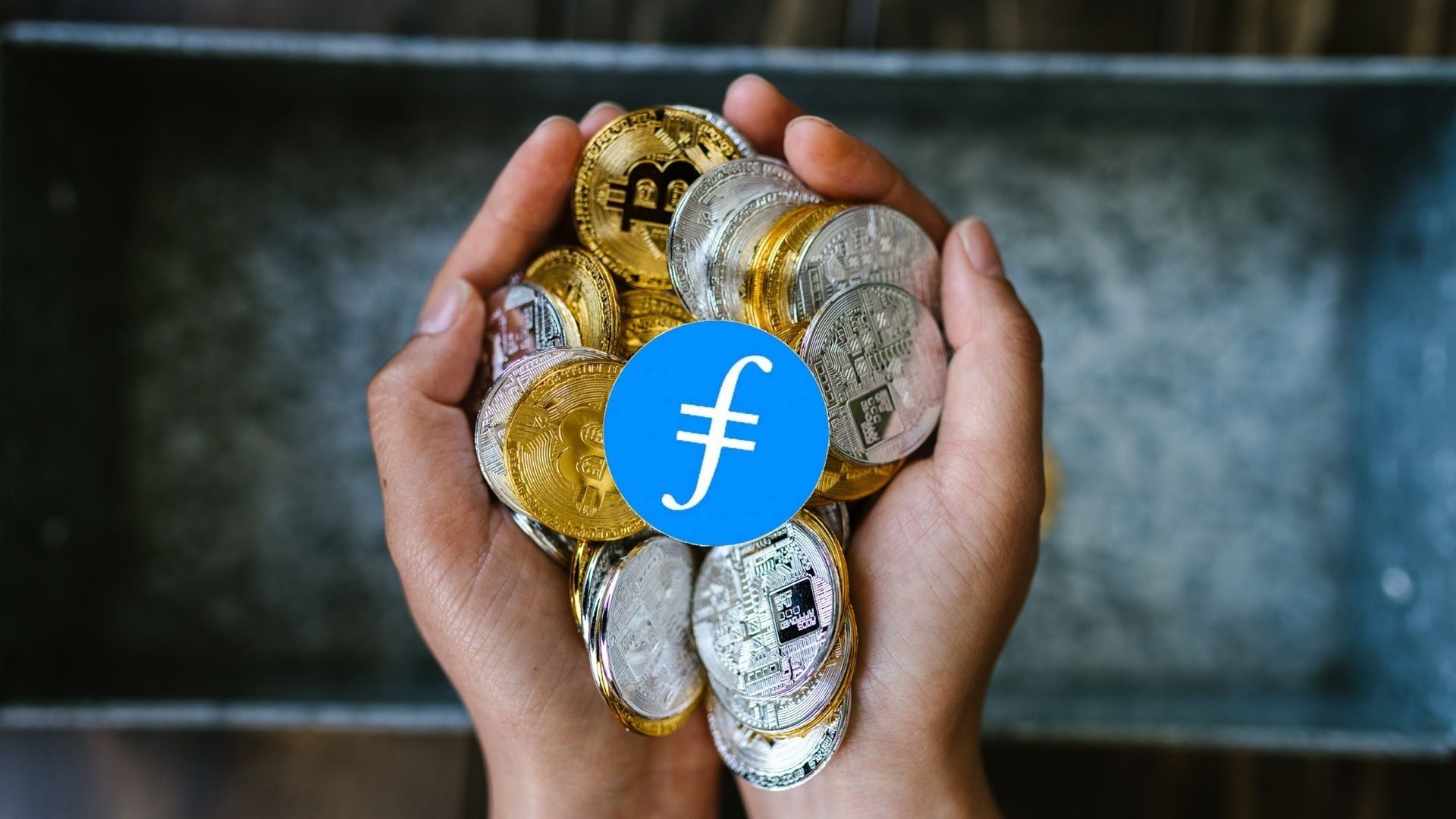filecoin in front of crypto coins in hand