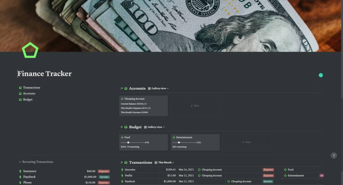 The Finance Tracker in Notion is a great looking template that divides your money into easily manageable sections