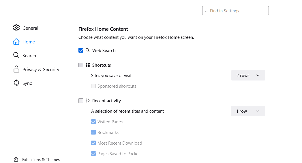 Firefox home settings screenshot