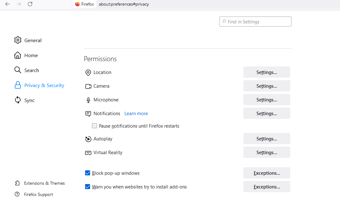 Firefox Settings privacy and Security Screenshot