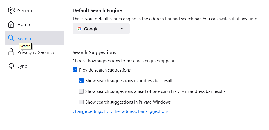 Firefox Settings Search Suggestions