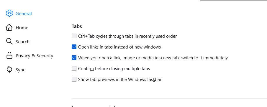 Firefox settings Tabs screenshot