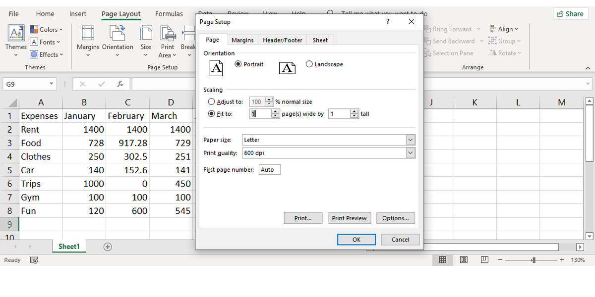Page Setup menu in Excel.