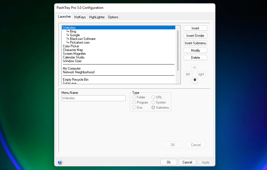 The FlashTray Pro 5.0 Configuration window 